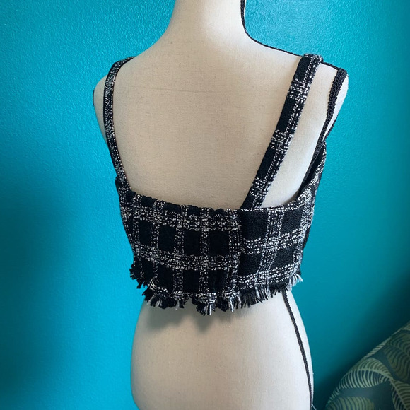 House of Harlow 1960 Plaid Tweed Crop Top Frayed Hem Large - Picture 3 of 7